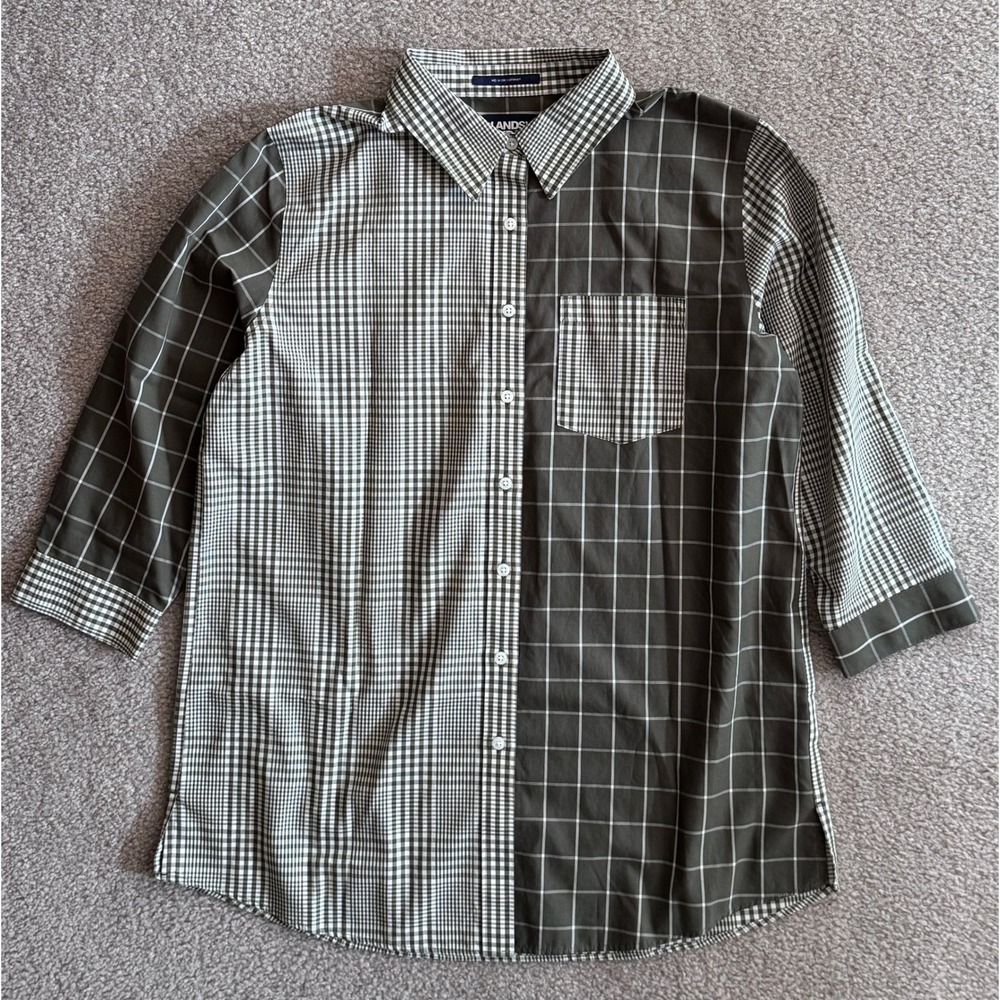 Lands End Womens 6P Plaid Patchwork Shirt Olive‎ Green